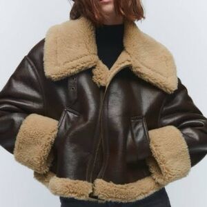 Zara Brown oversized Shearling aviator Jacket